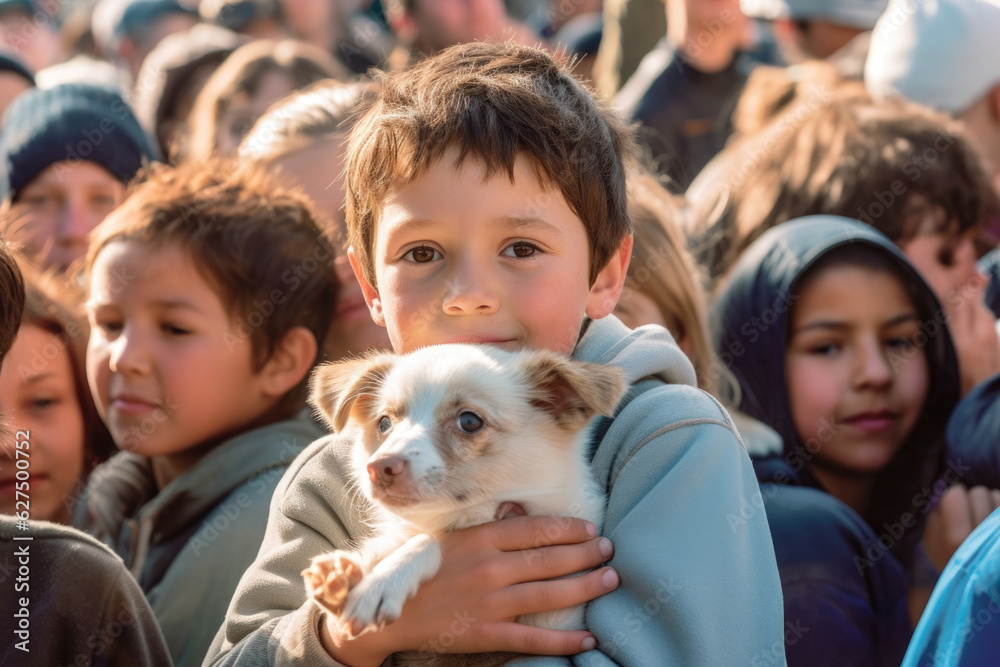 A brighteyed boy stands ast a crowd of people outside an animal shelter a stack of donated pet food cradled in his arms