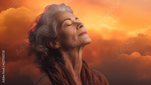 A mature woman with her eyes closed taking a deep breath under a hazy orange sunset embodying strength courage and realness