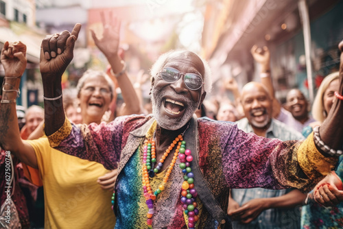 A vibrant elderly man shakes his fists beaming with joy against a backdrop of cheerful people showing that life and age can be filled .