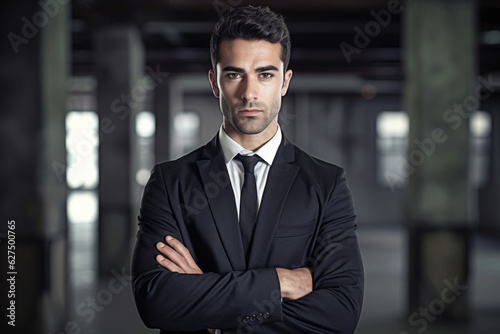 A man wearing a suit and tie standing with his arms crossed a stern but dependable expression on his face