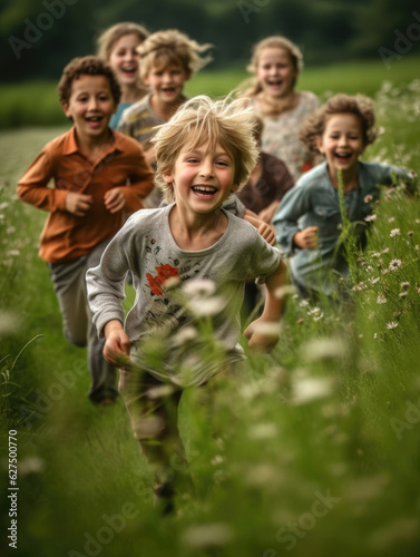 A group of happy and enthusiastic kids laughing gleefully as they run through a meadow playing tag together behind them