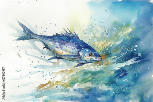 Watercolor illustration of a blue fish swimming in water with splashes of watercolor paint on a white background , generative AI