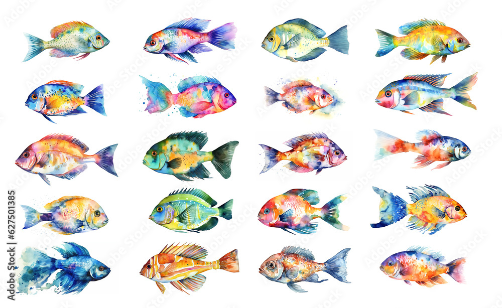 Naklejka premium Watercolor illustration of a set of exotic fish with a splash of watercolor paint on a white background , generative AI