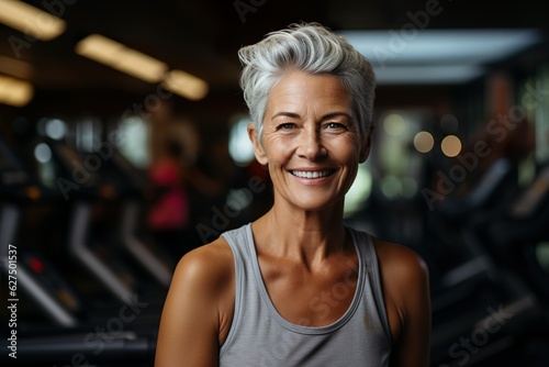 Portrait of a happy senior woman exercising in the gym | Generative AI