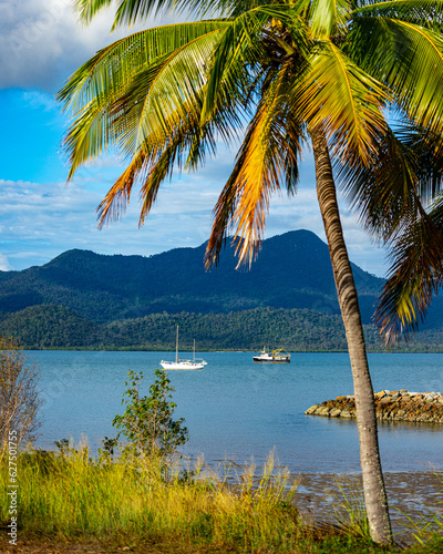 panorama of beautiful, idyllic tropical beach in cardwell, sandy beach with the view of mighty mountains in hinchinbrook island; north queensland, australia photo