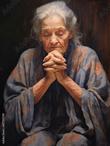 An elderly woman seated on a wooden bench casts a stoic gaze onto the horizon her hands cupped in her lap as if cradling a lifetime .