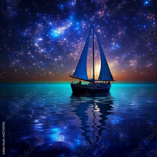 Sailing boat in the middle of sea at night