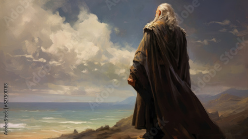 A distinguished elder gazes thoughtfully towards the horizon his wise and pleasant countenance exuding charisma © Justlight