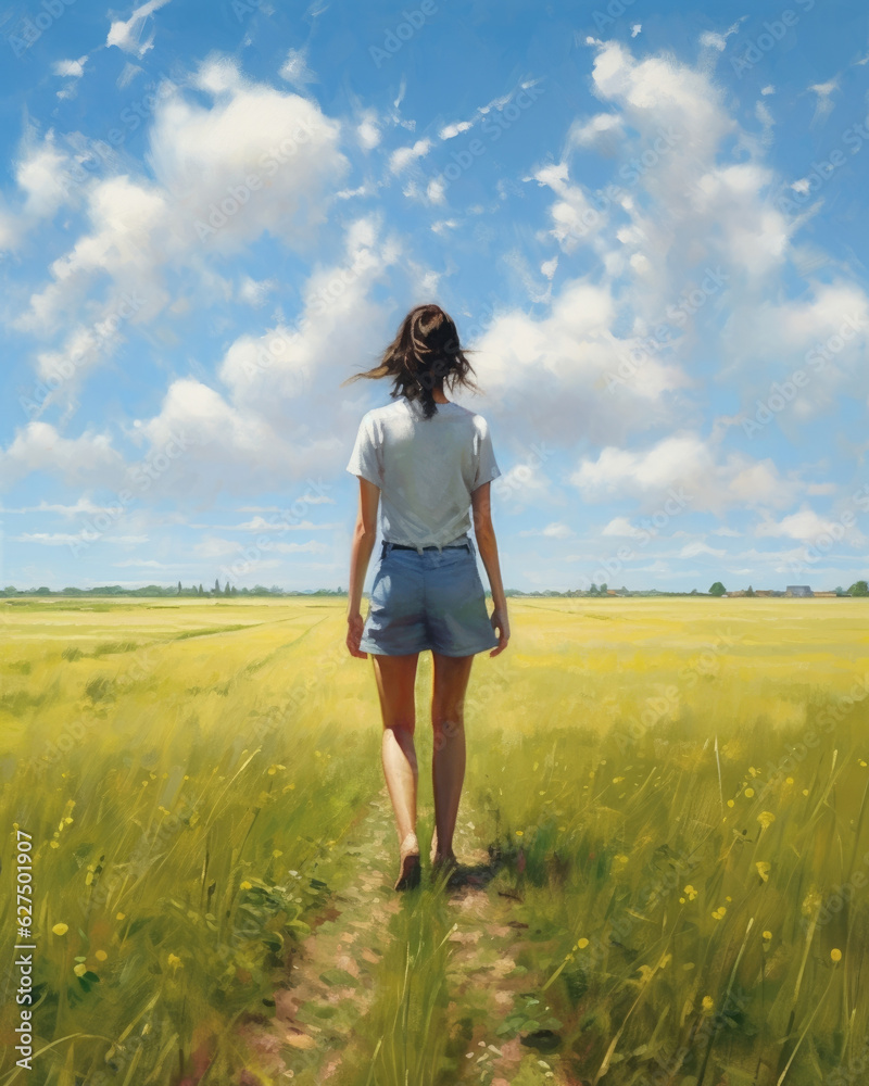 A smiling girl stands with her hands in her pockets in an open meadow a bright blue sky above her shining a light of honesty on the . A smiling girl stands with her hands in her pockets in an open meadow a bright blue sky above her shining a light of honesty on the .
