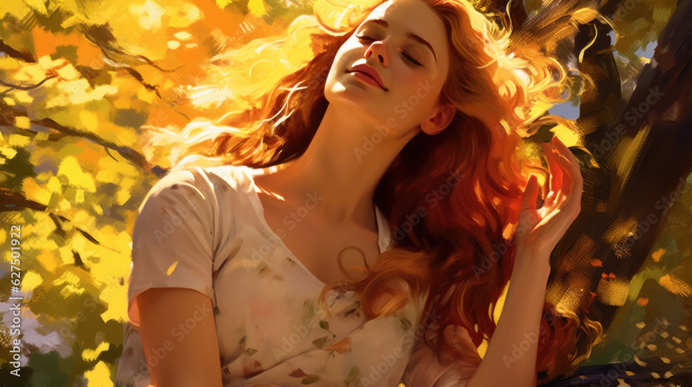 A confident woman rests her chin in her hands basking in the golden sunlight and humming a tune of positivity