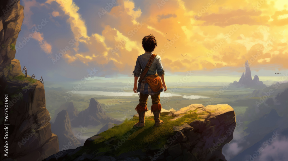Fototapeta premium A daring young explorer stands on the edge of a cliff looking out into the horizon. His gaze is filled with a mix of fear and courage .