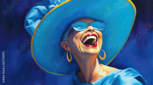 A cool composed woman in an eyecatching electric blue hat and dress grins devilishly as she challenges the world with her witty words photo