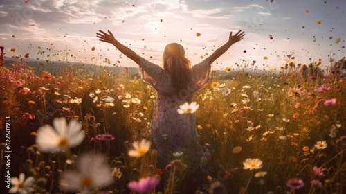 A woman in a field of flowers with her arms open wide providing a comforting and comforting embrace to those in need