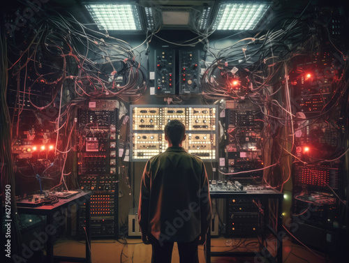 A lone figure stands in a room filled with machines and equipment. His gaze is laserfocused as he experiments with a circuit manipulating .
