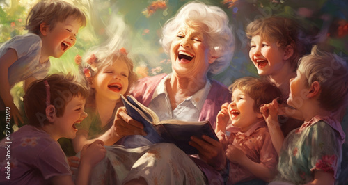 A treasured grandparent surrounded by her grandchildren laughing and having a memorable time together