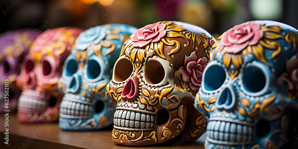 Flowers and sugar skull, decorations for day of the dead