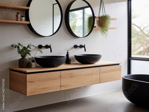 Ensuite bathroom with wall mounted timber vanity and black sink and pill shaped mirrors. © Ivan Acedo