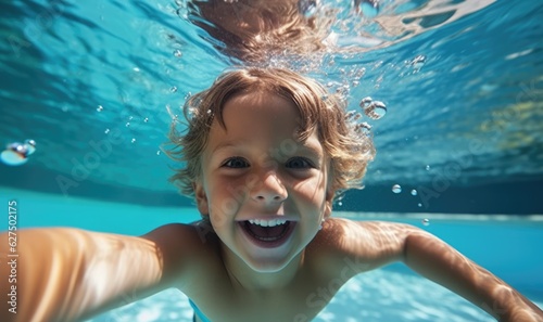 Happy boy swimming underwater and having fun. Happy childhood and summer vacation © Adriana
