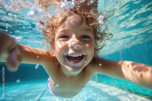 Happy boy swimming underwater and having fun. Happy childhood and summer vacation © Adriana