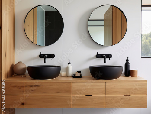 Fototapeta Ensuite bathroom with wall mounted timber vanity and black sink and pill shaped mirrors