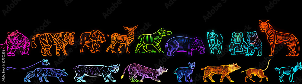 Fototapeta premium Ultra-Wide Background of Animals in Neon Glowing Outline Style (Generative AI)