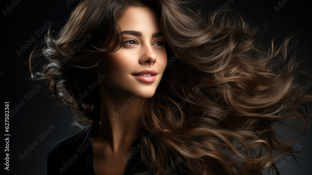 Young Woman with Hairstyle flying on Wind over Dark. Generative AI Young Woman with Hairstyle flying on Wind over Dark. Generative AI