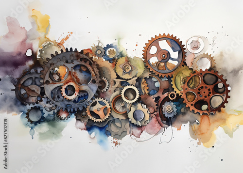 Watercolor illustration of vintage gears with colorful splashes of watercolor paint on a white background , generative AI photo