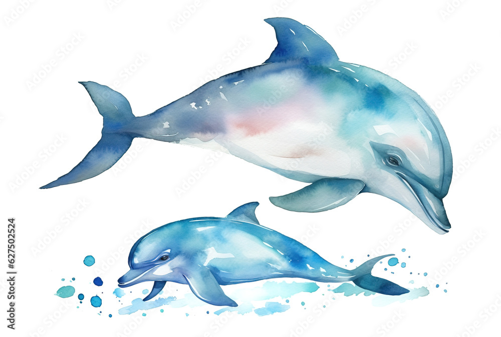 watercolor painting illustration of dolphin swimming with their little baby dolphin in pastel paint drops isolated on a white background , generative AI watercolor painting illustration of dolphin swimming with their little baby dolphin in pastel paint drops isolated on a white background , generative AI