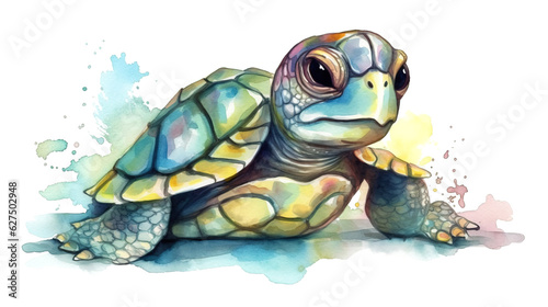 watercolor painting illustration of cute baby tutrle in pastel colors and watercolor paint splashes and drops on white background , generative AI
