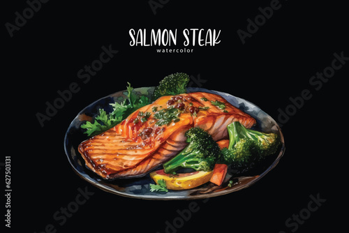 watercolor grilled salmon steak with vegetables