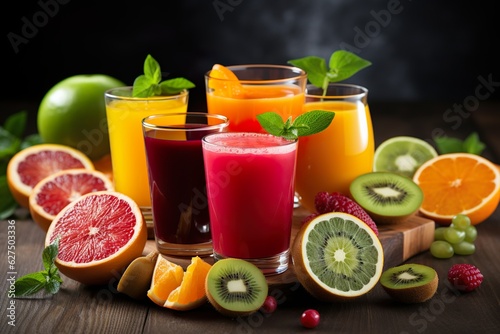 Shots of fresh juices , different fruits and colors, natural energizing Immune-boosting with healthy vitamins and nutrients | Generative AI