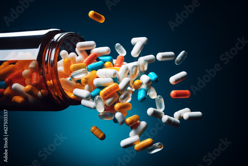 Photographie Prescription opioids, with bottle of many pills falling on dark blue background