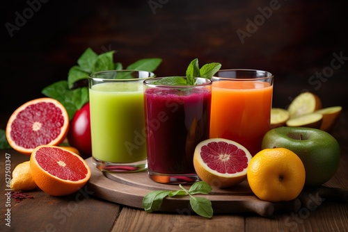 Shots of fresh juices   different fruits and colors  natural energizing Immune-boosting with healthy vitamins and nutrients   Generative AI