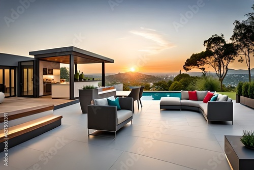 Modern Backyard Oasis with Pool, Deck, and Stunning Sunset View   Relaxation and Luxury © Nustudios