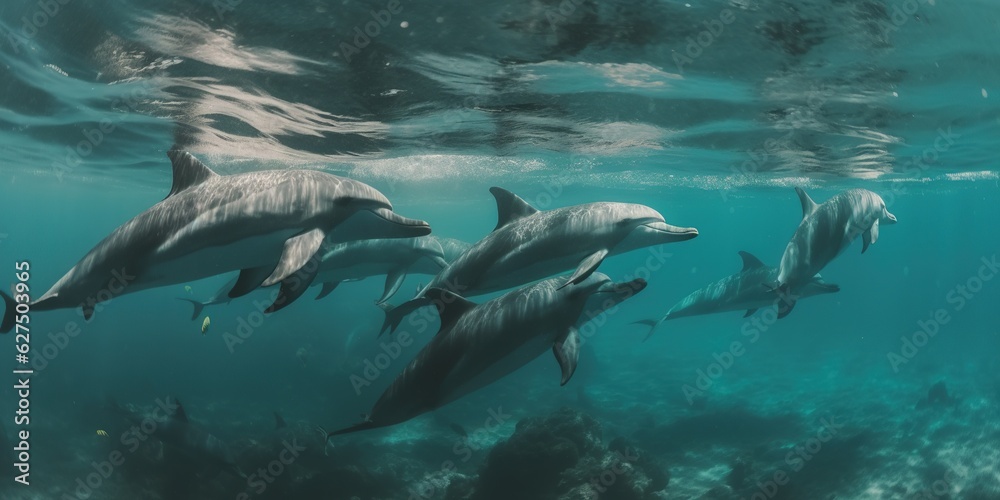 Naklejka premium flock of dolphins underwater in the sea near the surface swimming and hunting, generative AI