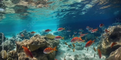 flock of vivid red tropical fishes and coral reefs  underwater life  generative AI