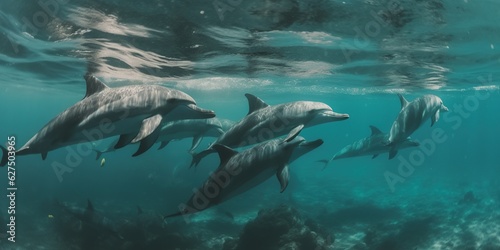 flock of dolphins underwater in the sea near the surface swimming and hunting, generative AI © tan4ikk