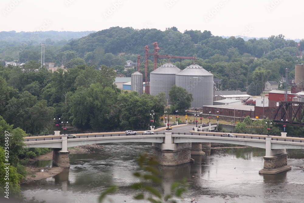 Panoramic view of the bridge and river in the downtown city of Zanesville, OH
