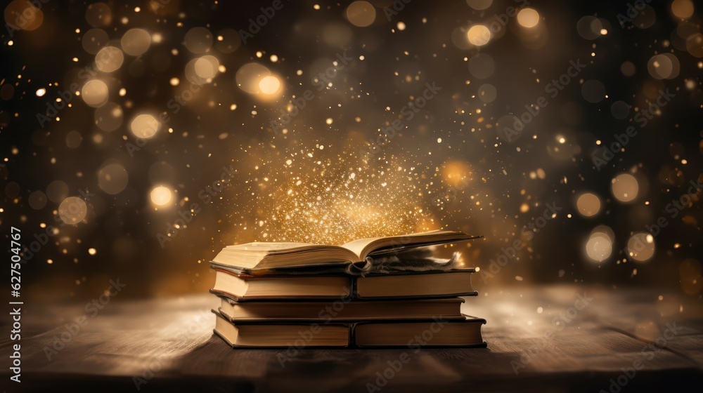 Enchanted Literature Book Stack Revealing a Magical World of