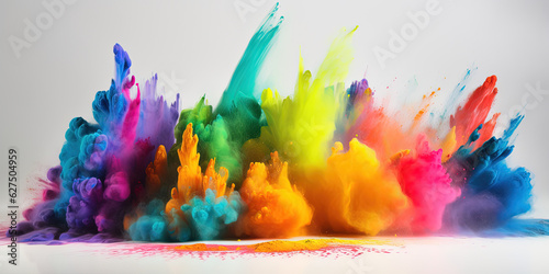 multicolor neon powder holi paints blew up, colorful splashes and drops on a white background, generative AI