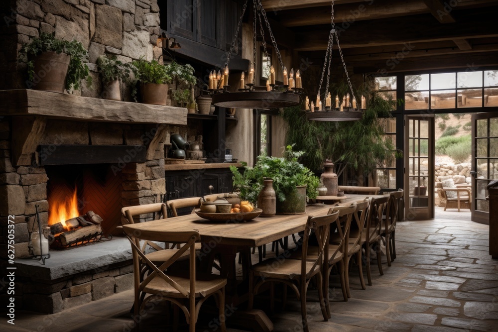 Fototapeta premium Warm and welcoming, a rustic dining room features a wooden table, mismatched chairs, and a grand chandelier, creating a charming atmosphere. Generative AI