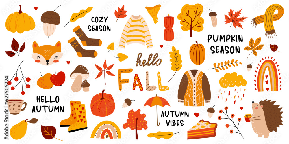 Large vector fall set. Autumn season. Leaves, acorns, sweater, scarf, pumpkins, candle, hedgehog, pie, rainbow, lettering. Collection of fall elements for scrapbooking. Hand drawn style.  - obrazy, fototapety, plakaty 