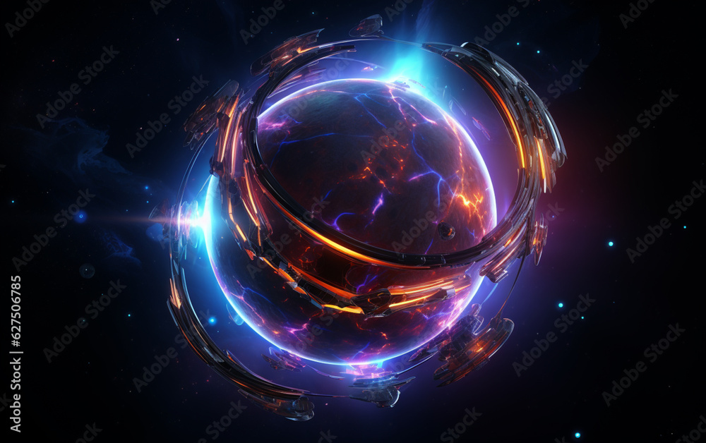 Obraz premium Glowing spaceship orbits sphere in deep space