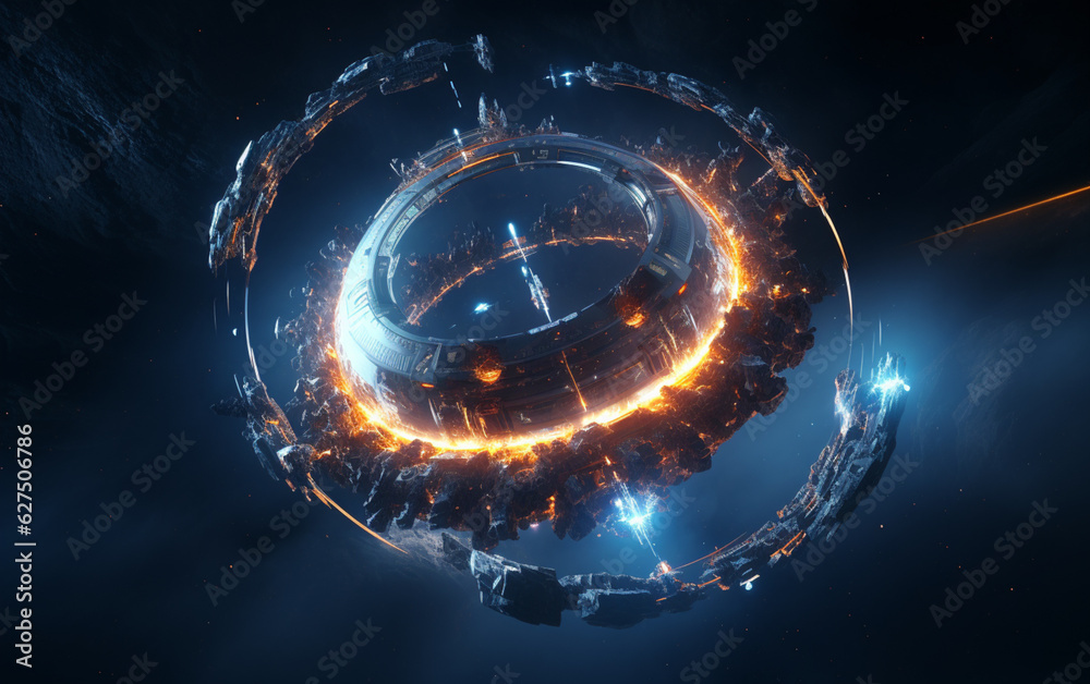 Obraz premium Glowing spaceship orbits sphere in deep space