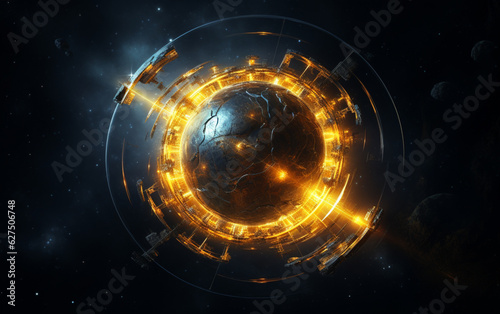 Fototapeta Naklejka Na Ścianę i Meble -  Glowing spaceship orbits sphere in deep space