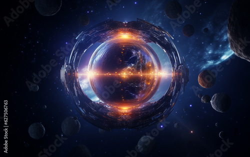Glowing spaceship orbits sphere in deep space