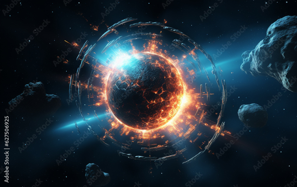 Glowing spaceship orbits sphere in deep space Glowing spaceship orbits sphere in deep space