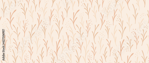Seamless floral beige pattern. Simple leaves and dots repeating background. Vintage rural wallpaper. Nude colored print for textile and fabric. Vector illustration.