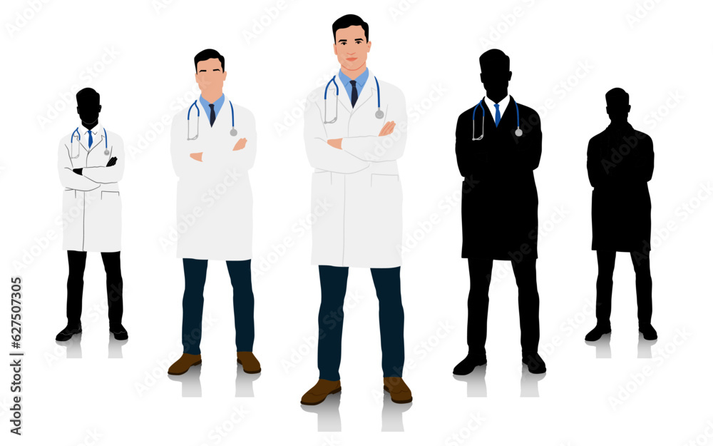 A doctor in a white coat with crossed hands. Male healthcare worker. Hand-drawn vector illustration set isolated on white A doctor in a white coat with crossed hands. Male healthcare worker. Hand-drawn vector illustration set isolated on white