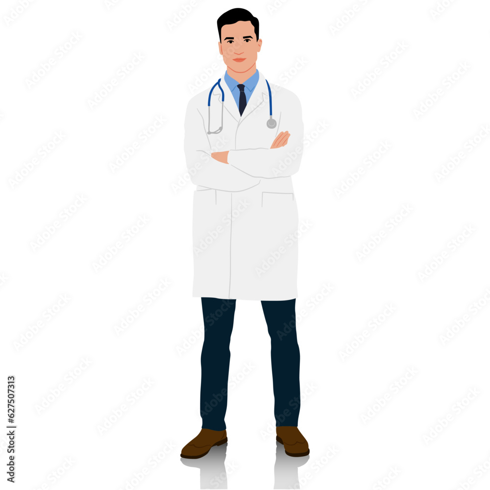 A doctor in a white coat with crossed hands. Male healthcare worker. Hand-drawn vector illustration set isolated on white A doctor in a white coat with crossed hands. Male healthcare worker. Hand-drawn vector illustration set isolated on white